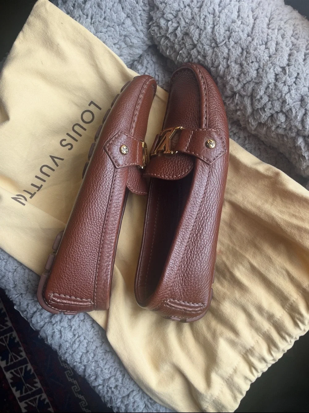 Louis Vuitton Brown Leather Moccasin Loafers with Gold LV Buckle - Picture 2 of 8